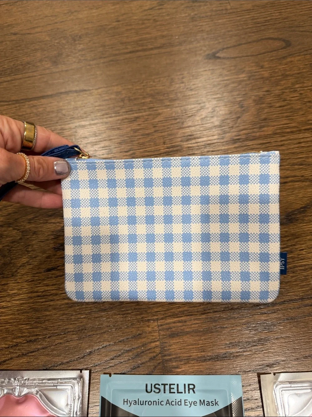 Blue Gingham Pouch & eye/lip masks
